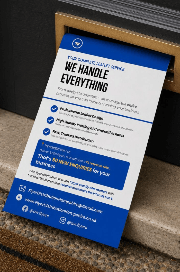 Branded leaflet being delivered through a letterbox