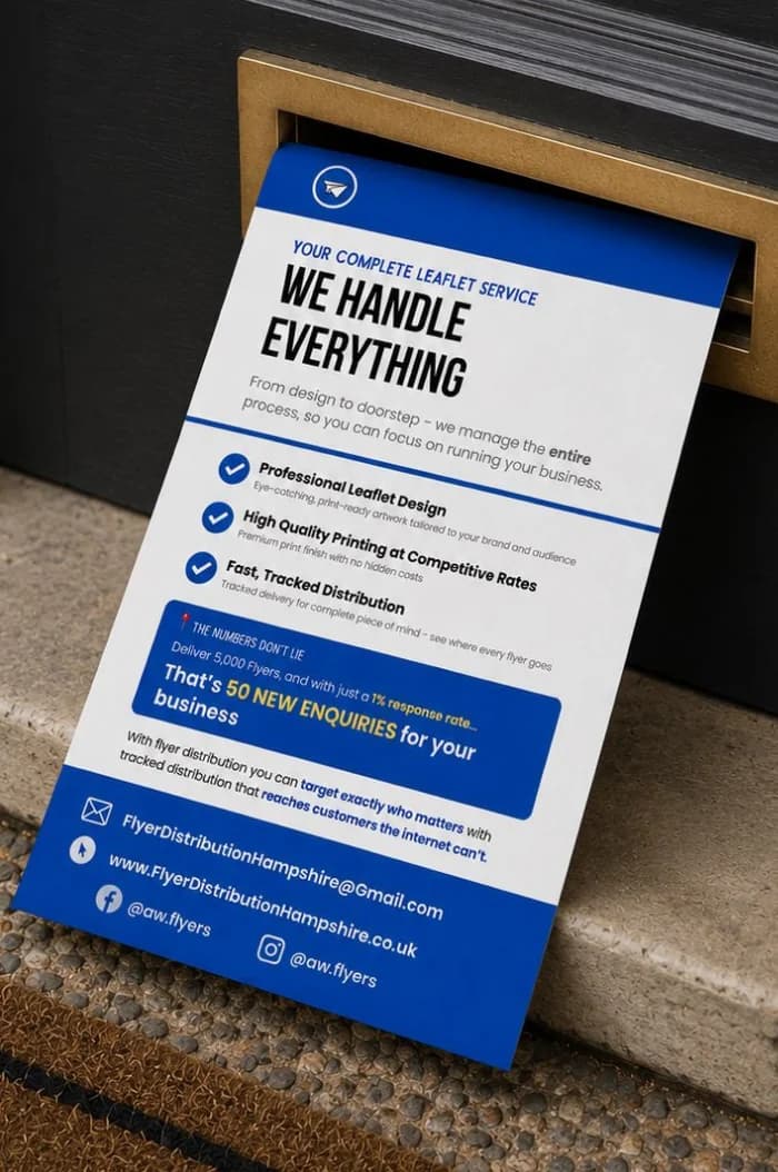 Branded leaflet being delivered through a letterbox