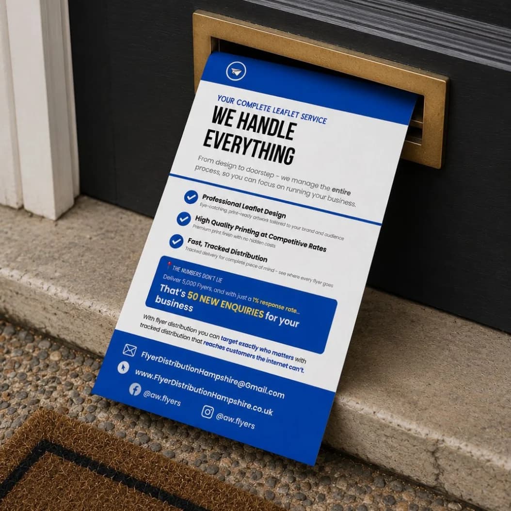 Branded leaflet being delivered through a letterbox